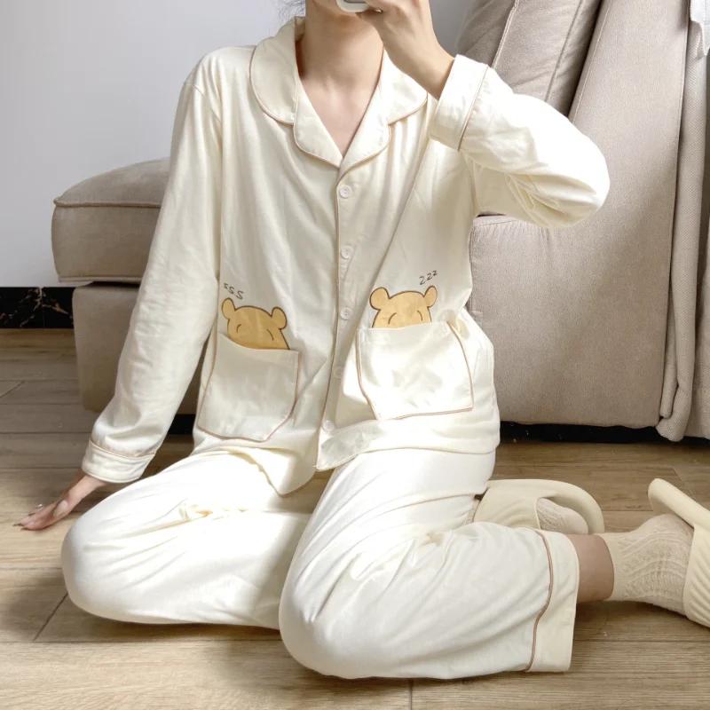 Новая пижама осень чистый хлопок повседневная свободная домашняя одежда женская пижама комплект из двух частей шелковая пижама для женщин