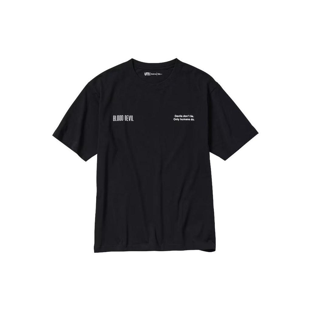 Uniqlo X Человек-бензопила Коллаборация Ретроспективный комикс Pava с принтом букв Футболка с коротким рукавом Унисекс Топы Черный 467424-09