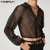 Summer Men Mesh Crop Hooded Sheer Crop Tops See Through