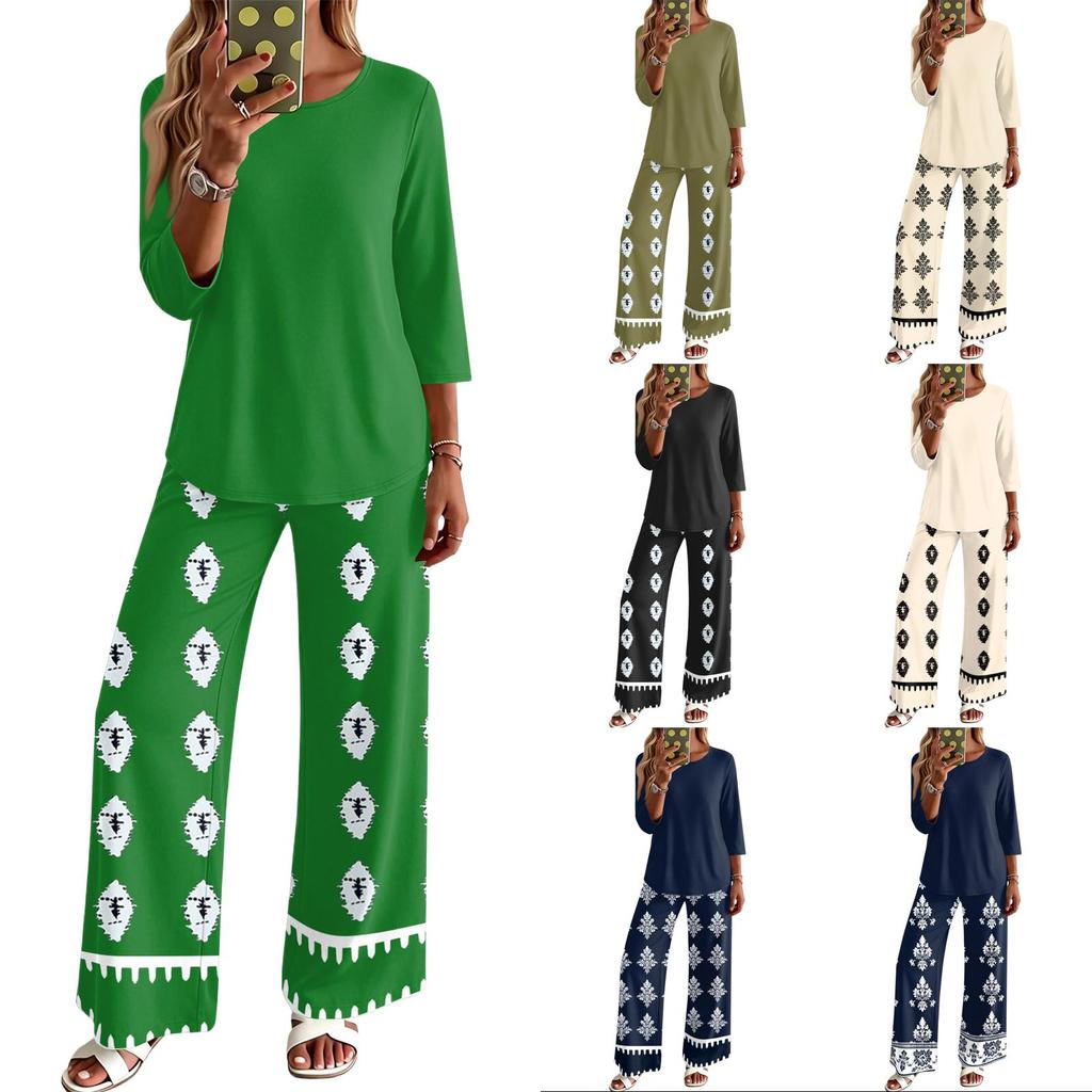 Women's Casual Fashion Round Neck Loose Fit Printed Three Quarter Sleeve Top with Wide Leg Pants Set Comfortable Two Piece Outfit