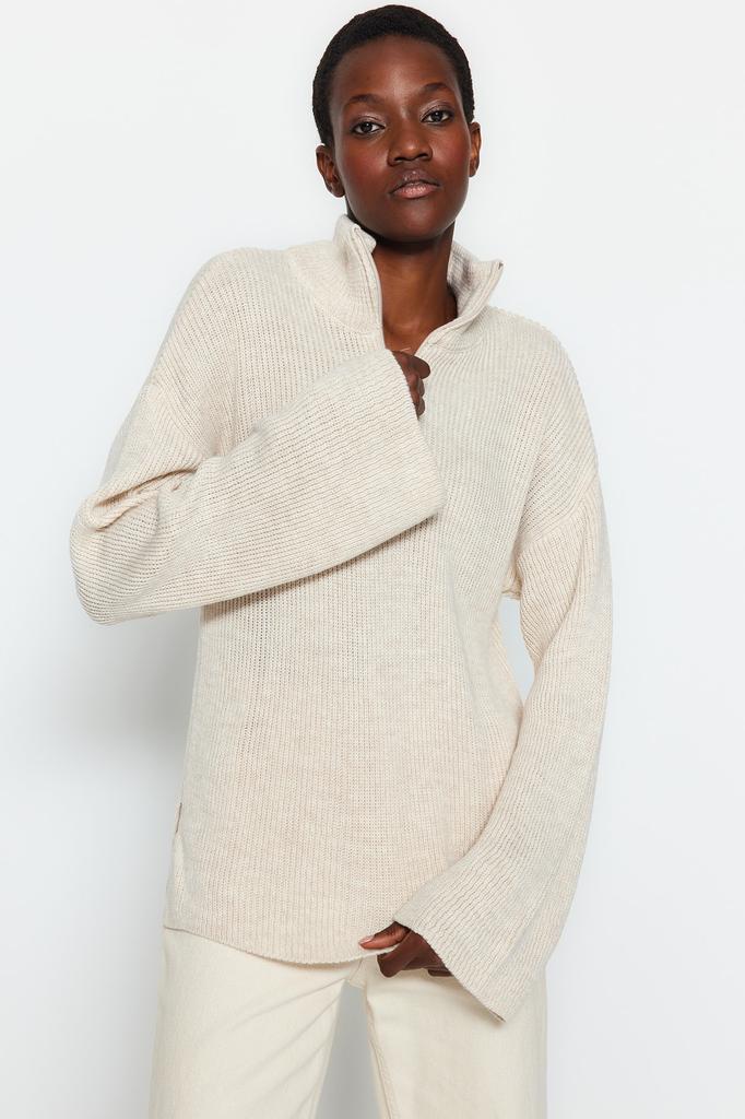 Women's Fashion New Sweater Stone Wide Fit Zippered High Collar Knitwear Sweater