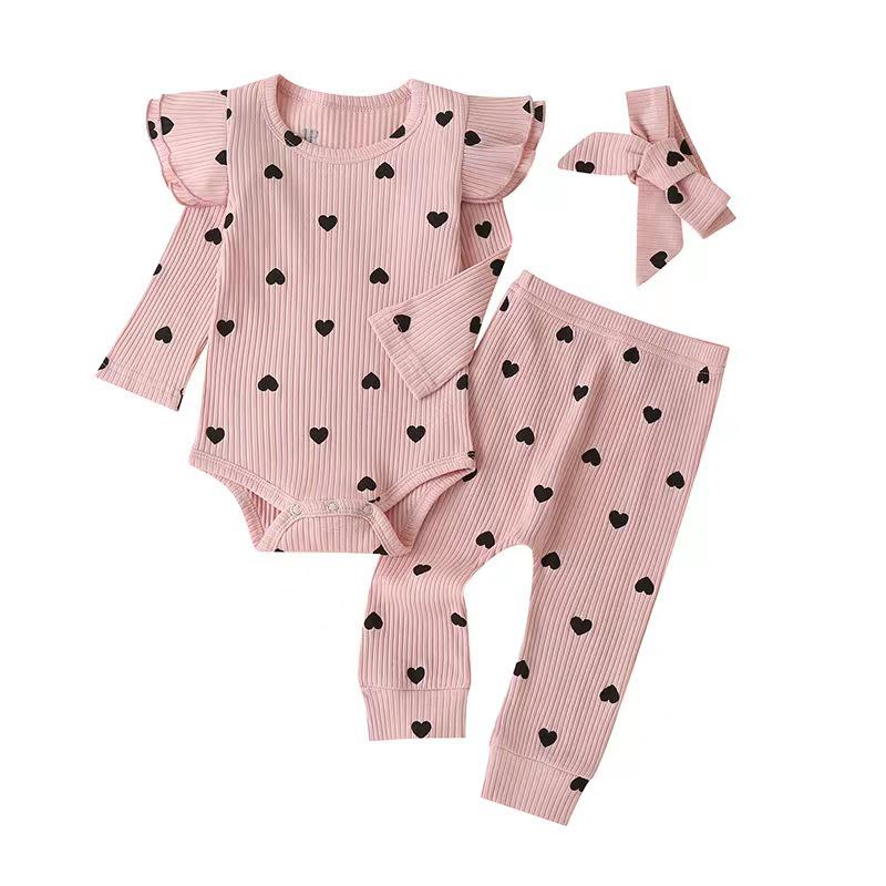 2023 Autumn/Winter Heart Print Romper for Baby Girls – Multicolor, Long Sleeve, Bowknot Accent