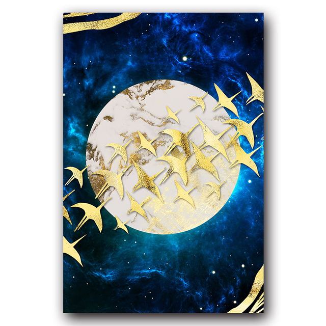 Ночное небо, золотая луна и птица, европейский абстрактный высококачественный холст, постер, настенная живопись, пейзаж, картина, домашний декор