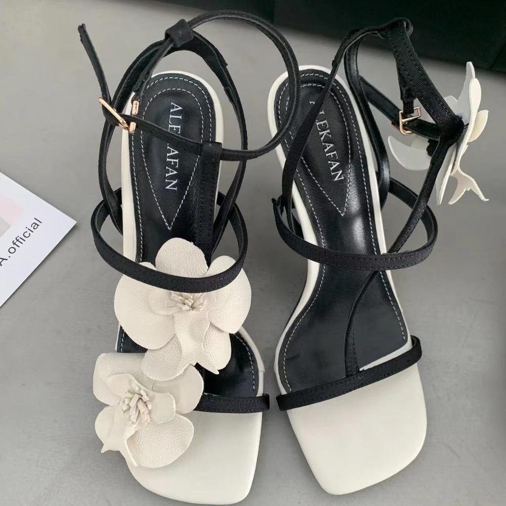 Flower Design Sandals Women's High Heeled Sandals Summer Square Head Open Toe Sandals for Women Ankle Strap Slingback Sandalias