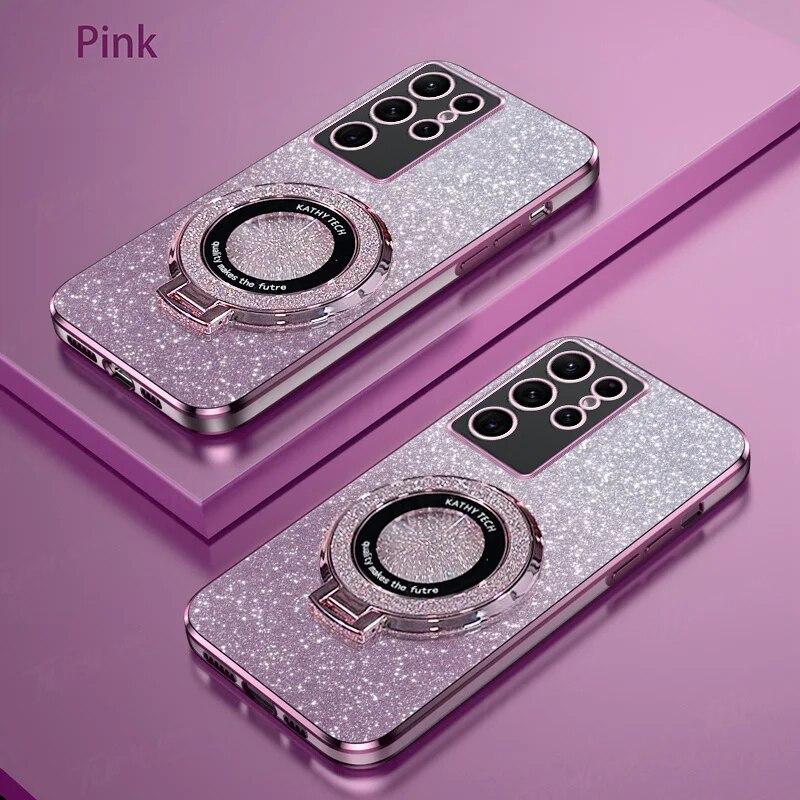 Luxury Plating Magnetic Holder Phone Case For Samsung Galaxy S24 Ultra S23 S22 S21 S20 Plus FE Note 20 10 Silicone Glitter Cover