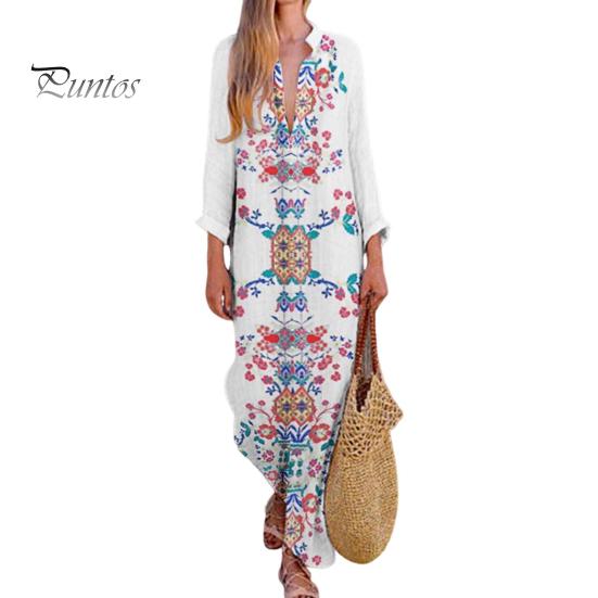 Женское осенне-весеннее платье с V-образным вырезом, нерегулярным подолом, цветочным принтом и длинными рукавами, свободное с разрезом по бокам, повседневное пляжное платье макси в этническом стиле