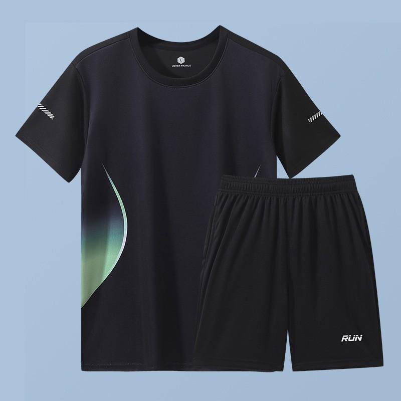 Mens Quick-Dry Ice Silk Sport Set Short Sleeve T-Shirt Shorts Running Gym Badminton