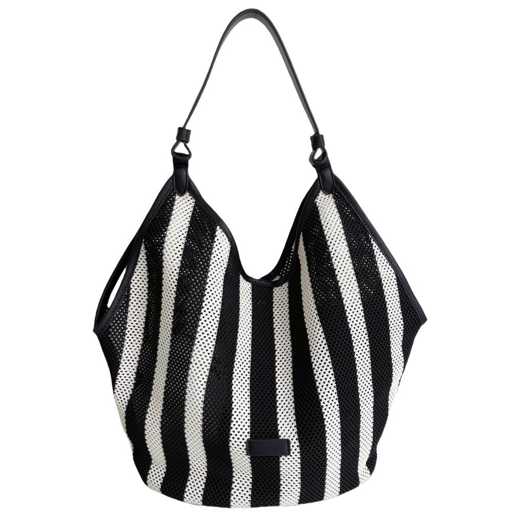 Премиальная женская сумка на плечо большой вместимости из тканого материала в черную и белую полоску, легкая сумка для отдыха в ленивом стиле, сумка для покупок