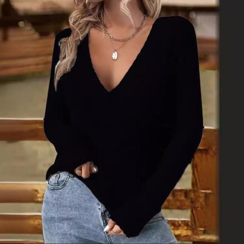 Женские свитера и футболки с длинными рукавами Slim Fit, универсальные, с большим V-образным вырезом, эластичные, трикотажные, с длинным рукавом, в полоску