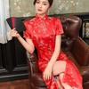 Cheongsam с принтом, длиной до середины икры, облегающее женское платье с узором Дракона и Феникса, элегантное платье с разрезом