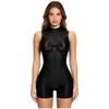 Womens Oil Shiny Bodysuit Swimwear Sheer Mesh Patchwork Mock Neck Sleeveless Back Zipper Boxer Bottom