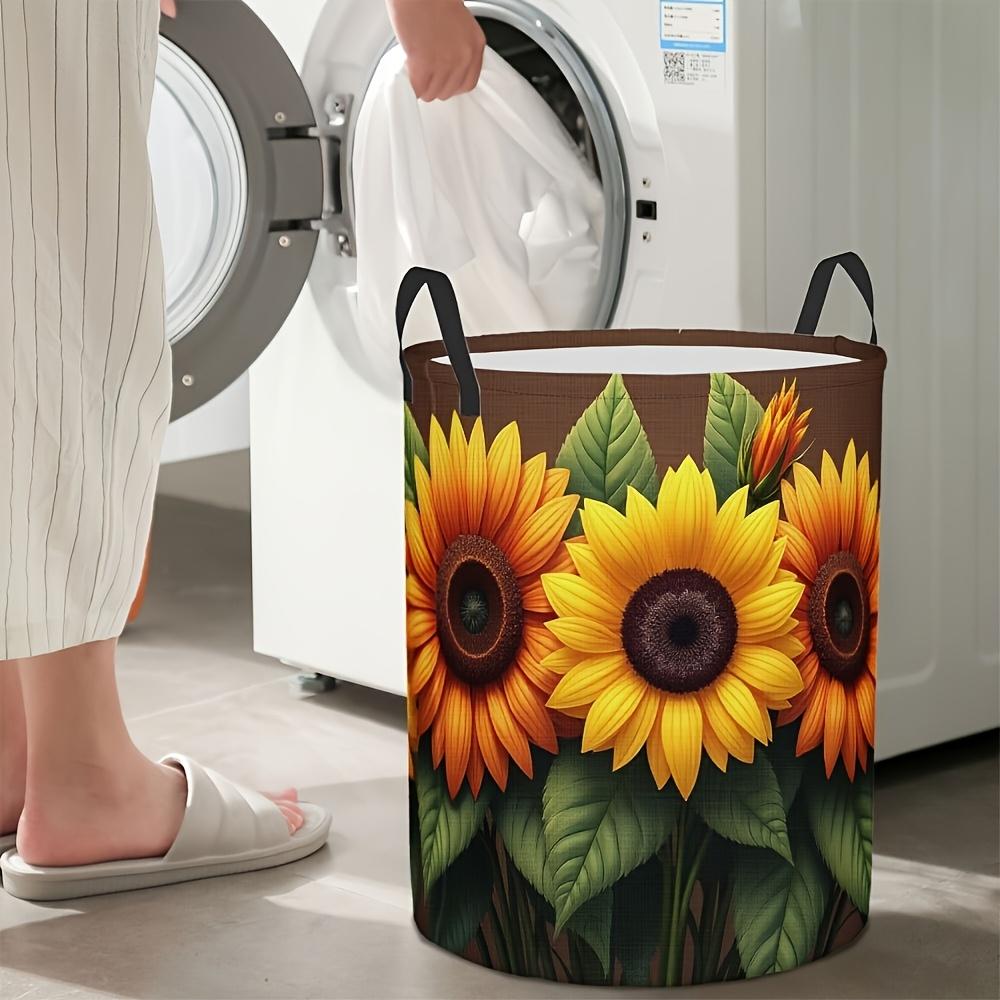 1pc Bohemian Style Sunflower Print Laundry Basket with Handles - Round Oxford Cloth Storage Basket, Suitable for Multi-Room Use for Clothes and Home O