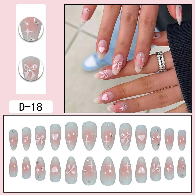 Almond Shape Press-On Nails With Heart Motif Bow Rhinestone Decor Sweet Style Gel Adhesive Or Jelly Glue