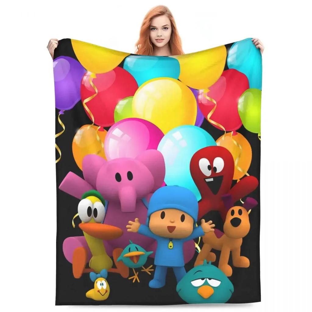 Cute Cartoon Pocoyo Anime Printed Flannel Throw Blanket for Bedroom Picnic Soft Warm Bedspread DIY Gift
