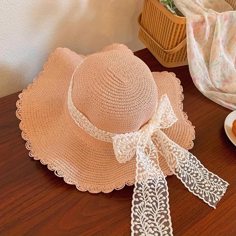 Women's Summer Outdoor Large Brim Sun Protection Fashionable Seaside Beach Sunshade Lace Straw Hat