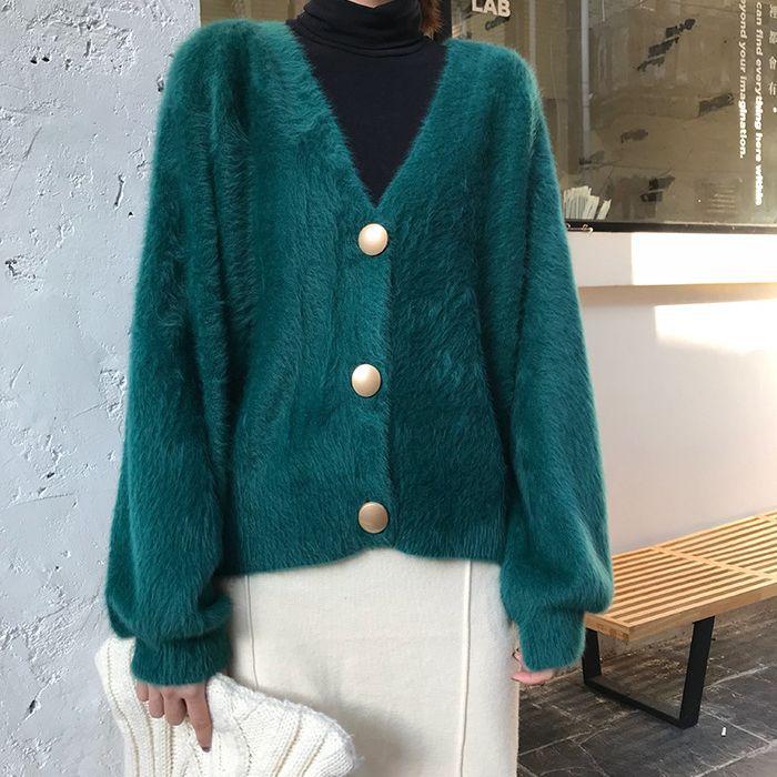 Элегантные свободные женские вязаные кардиганы с рукавами-фонариками из мохера, свитера, джемперы, осенне-зимняя женская куртка-кардиган