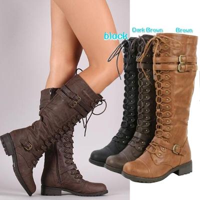 Зимние женские кожаные армейские ботинки до колена в винтажном стиле, ботинки для верховой езды на шнуровке с пряжкой в ​​стиле ретро