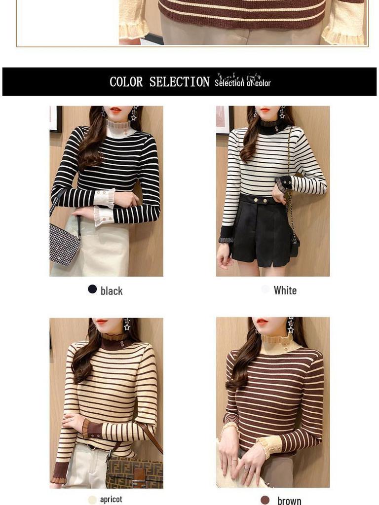 Women's Minimalist Mesh Sweater with Lace, Half Turtleneck, and Striped Knit Long Sleeves - Autumn/Winter Top