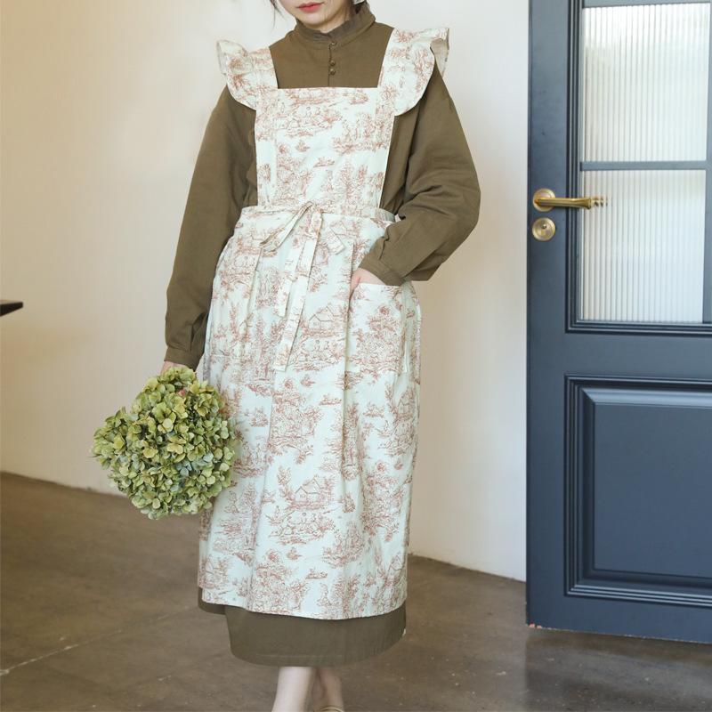 1pcs Apron High-end Ins Household Anti-stained Cotton Vintage Printed Ruffle Floral Waistcoat Multiple Colors Cotton
