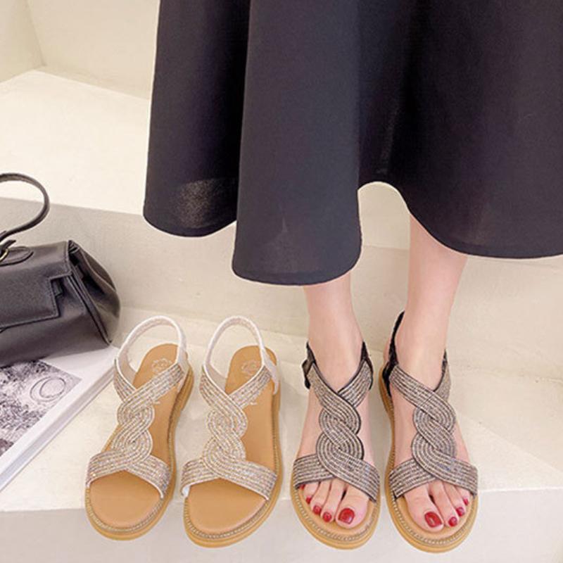 Модные женские римские сандалии 2024 года, новые модные летние туфли со стразами в стиле ретро с открытым носком для пляжа, женские сандалии Zapatillas Mujer