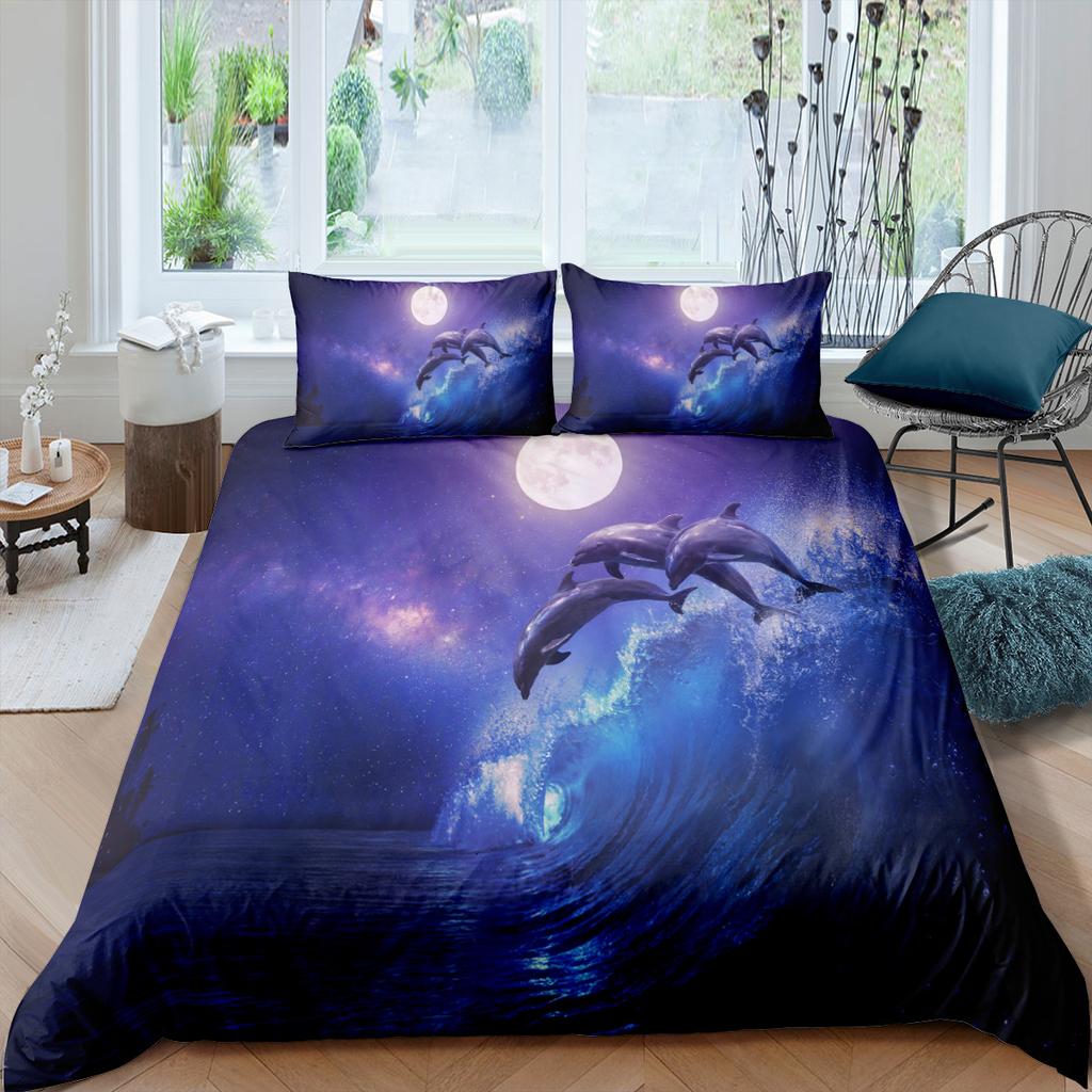 Dolphin Duvet Cover Set 3D Fish In Blue Sea Cute Animals Queen King Twin Full Size Bedding Set For Kids Boy Girl Comforter Cover