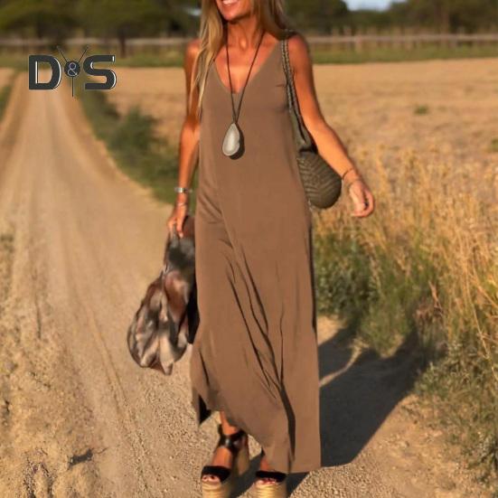 Женское летнее платье-комбинация без рукавов, повседневное платье макси с V-образным вырезом и разрезом, свободный пляжный сарафан, наряд для путешествий и отпуска