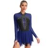 Women's Shiny Rhinestone Figure Ice Skating Dress Long Sleeve Irregular Hem Ballet Skirted Leotard