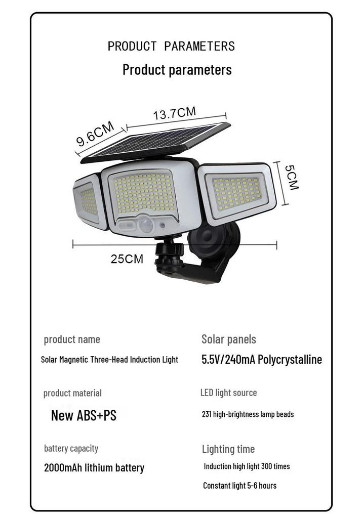 Outdoor Solar Three-Head Waterproof Lamp with Long Battery Life and High Brightness