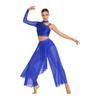 Womens Rhinestone Lyrical Outfit Asymmetrical Long Sleeve Crop Top Loose Irregular Overlay Pants