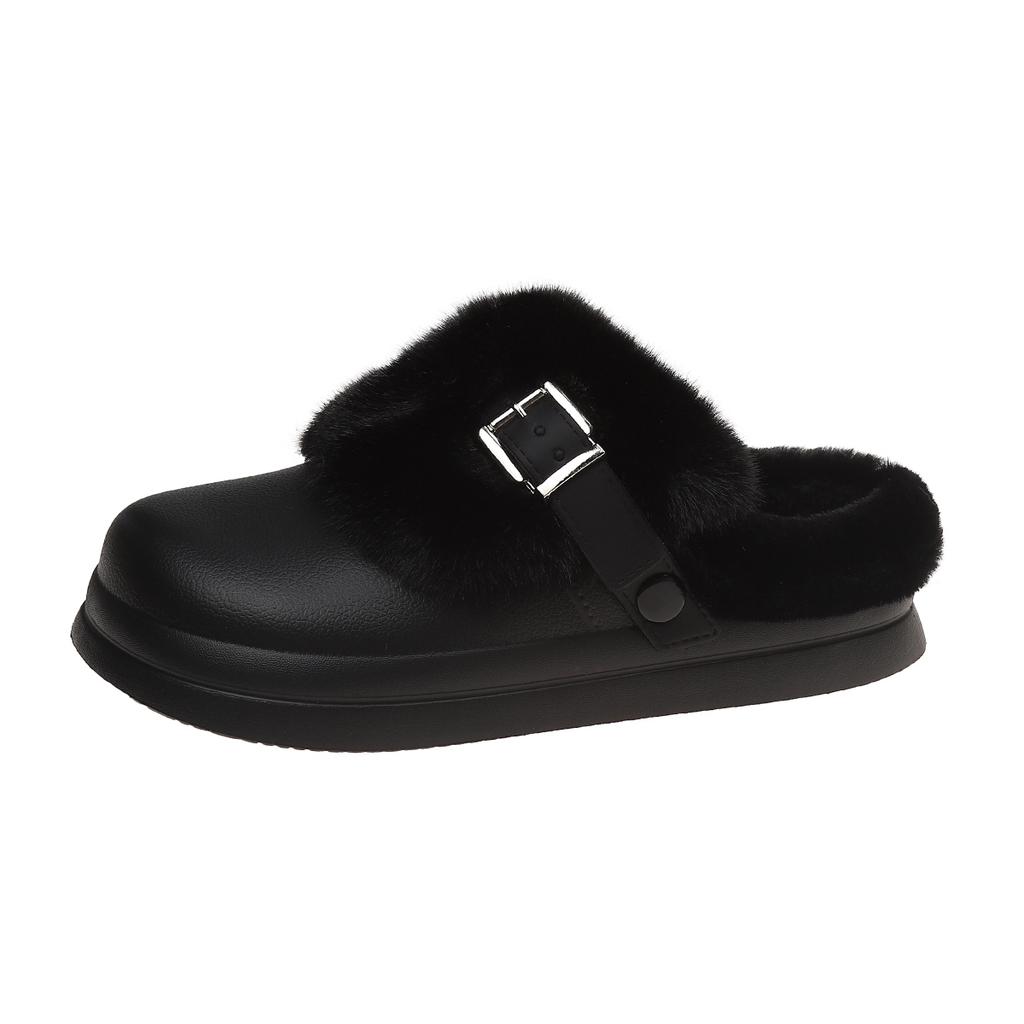 Модные зимние хлопковые мопсы Модные круглый носок Глубокий вырез Металлическая пряжка Плюшевые теплые Нескользящие балетки