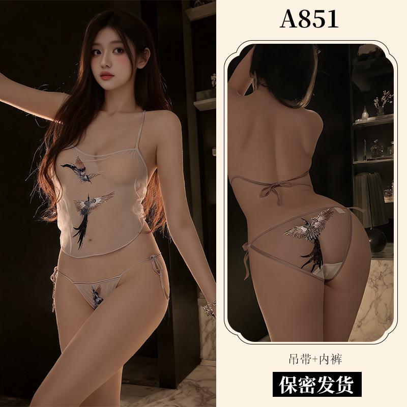 Sex Underwear Pure Desire Transparent Mesh Embroidery Suspender Belly Pocket Strap Panty Set Battle Robe Pajamas A