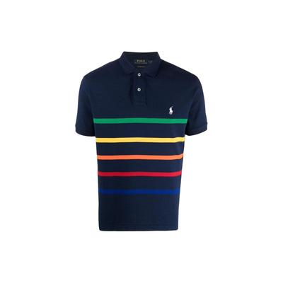 Polo SS22 Полосатая хлопковая рубашка поло с коротким рукавом Мужская рубашка синего цвета 710860412-001
