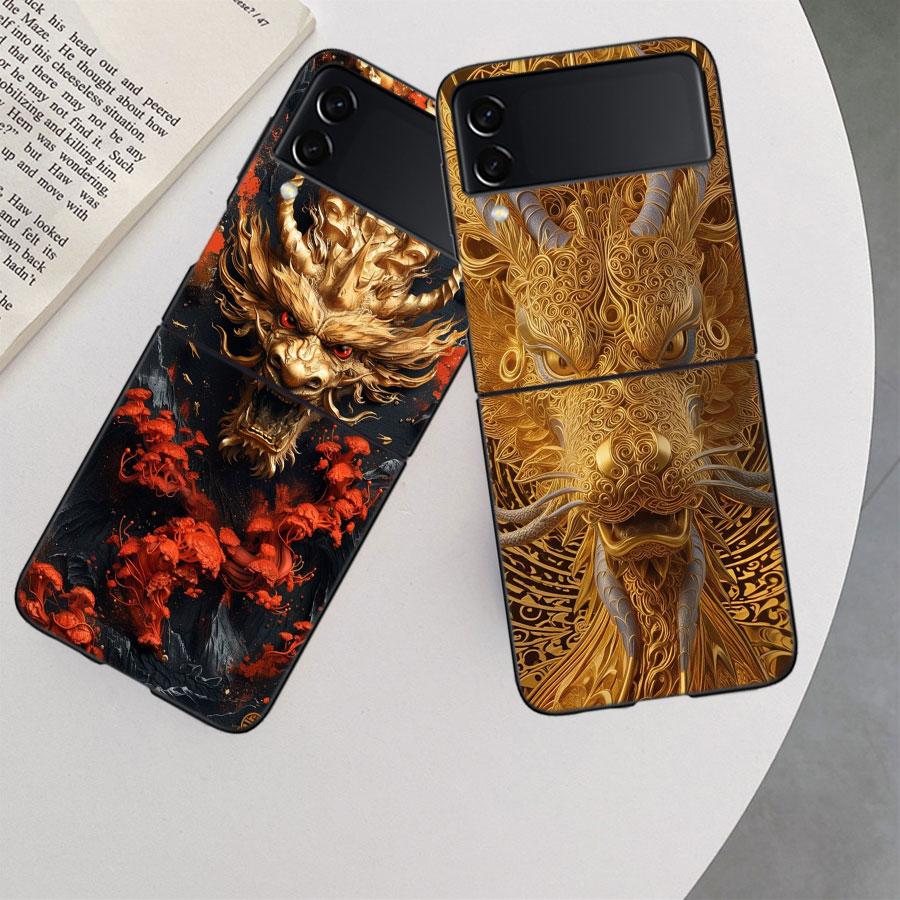 Золотой Святой Дракон Чехол для Телефона для Samsung Z Flip 7 6 5G Galaxy Z Flip 5 4 3 Черный Жесткий Чехол-Крышка Роскошный ПК Корпус Coque