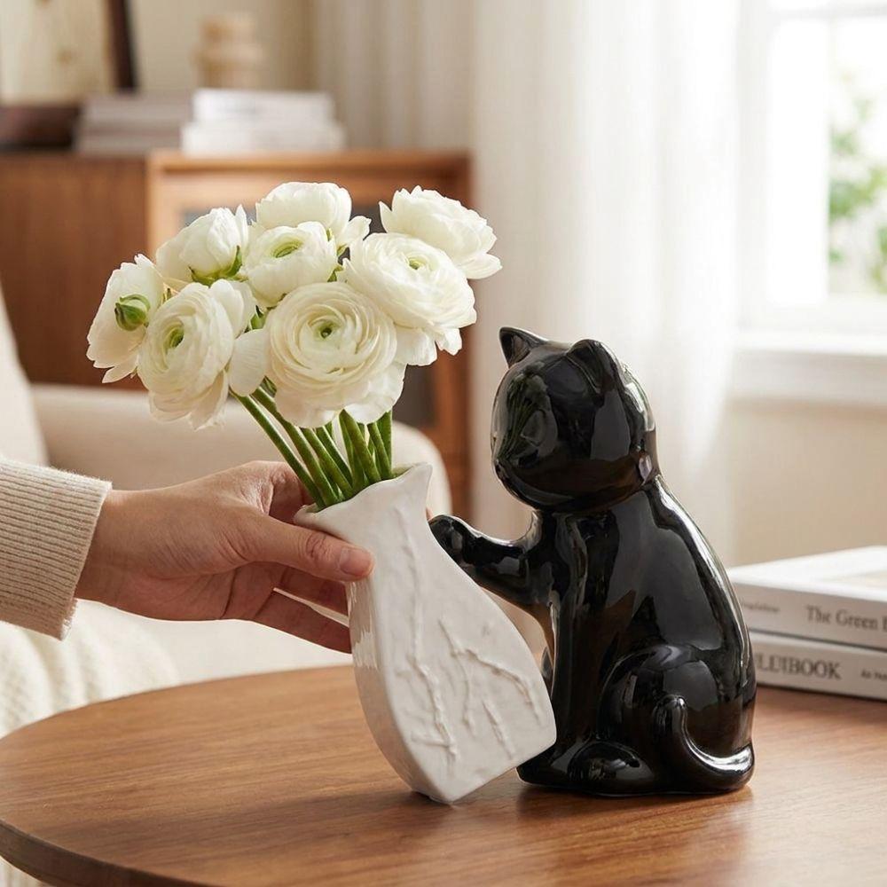 Cat Statue Kitten with Tilted Flower Vase Ceramic Flower Holder Decorative Vase Flower Arrangement