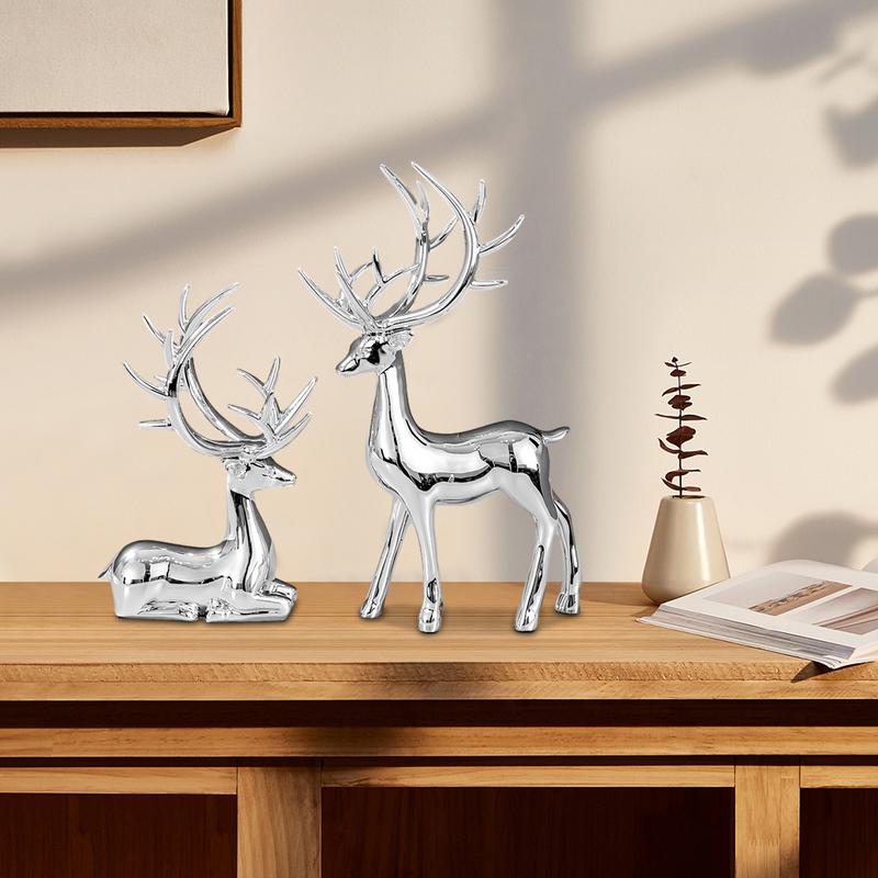 Silver Deer 2PCS Electroplated Silver Deer Figurine Handicraft Piece Resin Sculpture Christmas Center Table Decorations For
