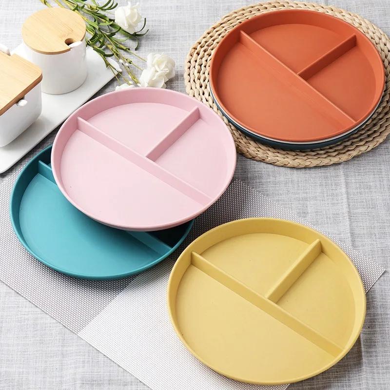 Divided Dish In 3 Diet Reusable Round Dinner Plate Kitchen Dinnerware Portion Plates for Adults 3 Compartments Microwave Safe