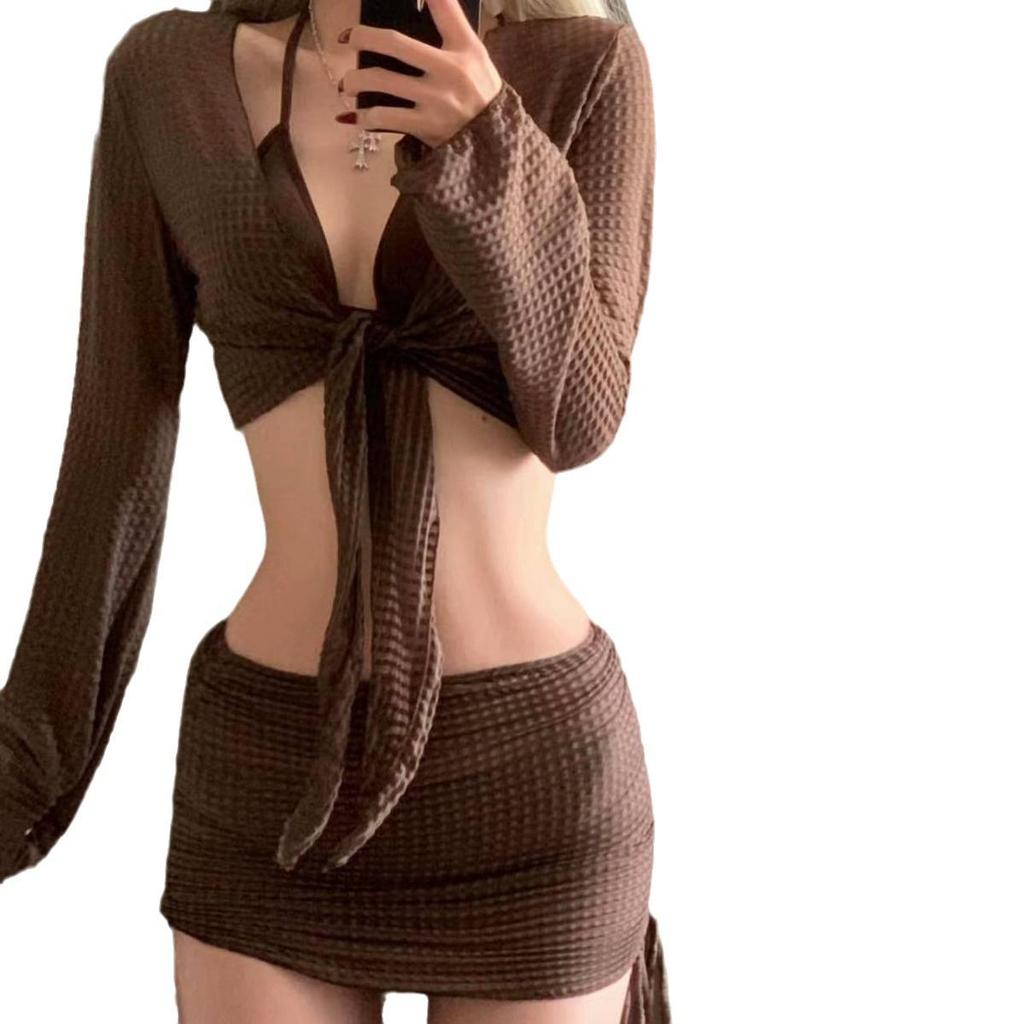 Шикарный шоколадный кружевной комплект бикини с высокой талией