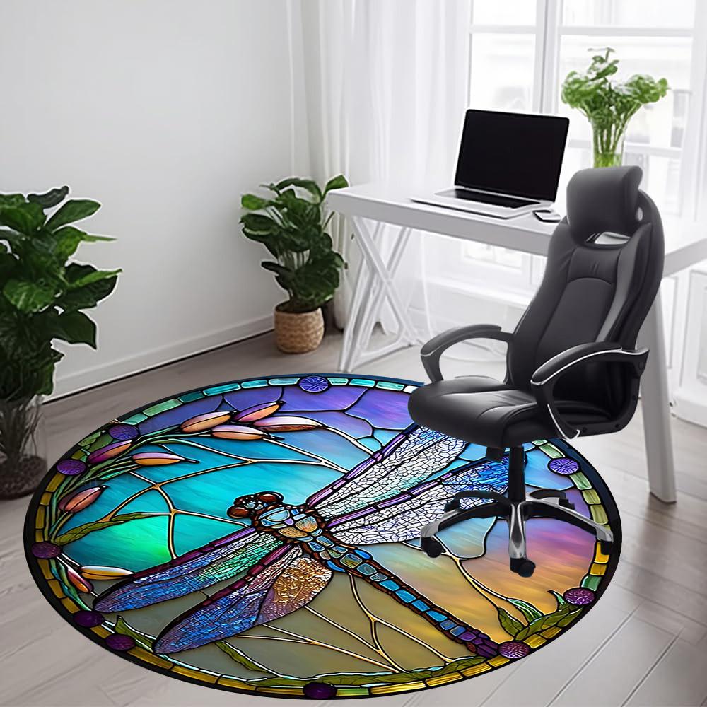1PC Dragonfly StainedGlass Office Round Area Rug,  Mat Suitable ForOffice, Under Office Chairs Bedroom Living Room Home Decor, Room Deco