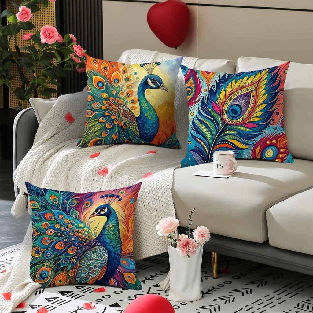 Bohemian-Style Peacock Theme Digital Printing Pillow Cover Short Plush Suitable Living Rooms Bedrooms Sofas Throw Cushion Cover