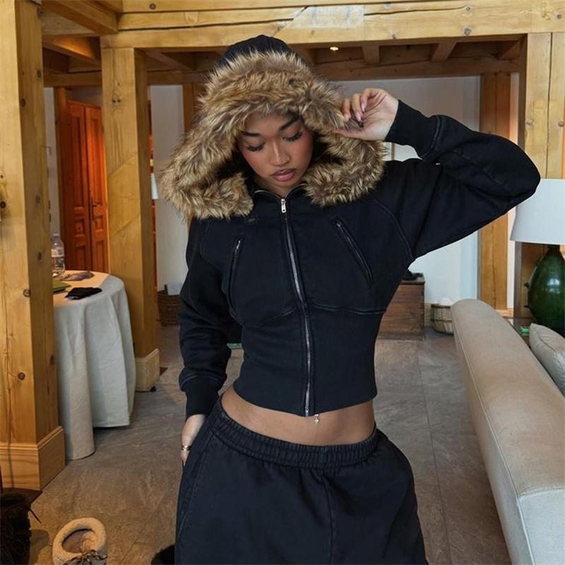 VAYLA Куртка укороченная приталенная с капюшоном и отделкой из искусственного меха Y2K с длинными рукавами и застежкой-молнией, уличный стиль, повседневная, осенне-зимняя одежда
