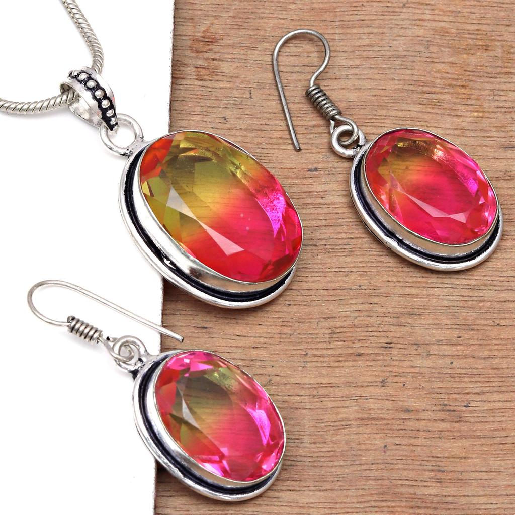 Tourmaline Set Gemstone Gift Wedding Party Bi-Color Pendant,Earring,Ring