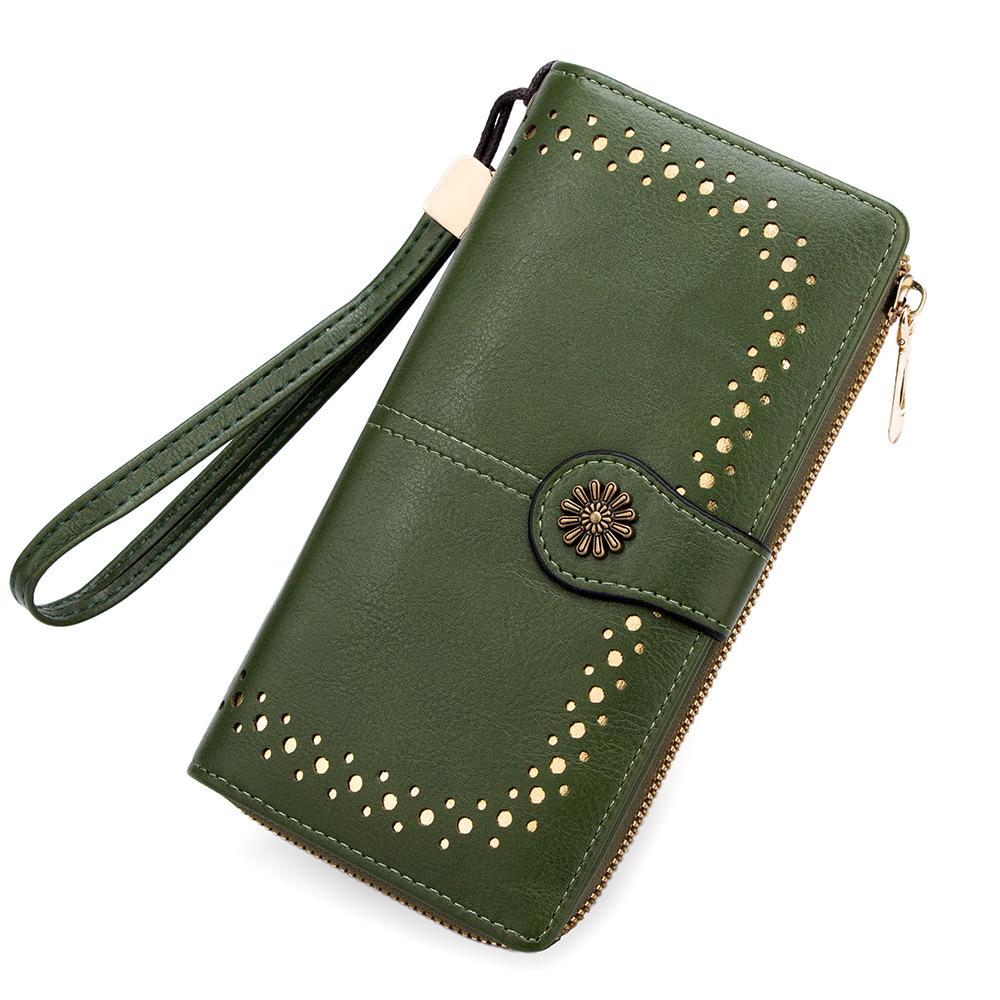 Women's Oil Wax Leather Zip Wallet with Hollow Pattern and Card Holder
