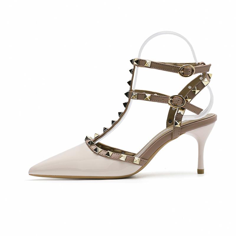 Туфли на высоком каблуке из лакированной кожи с заклепками, сексуальные босоножки с острым носком на высоком каблуке, босоножки на тонком каблуке для женщин