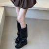 Ballet Style Retro Western Stacking Boots Women's 2025 New Two-wear Pleated Straps Medium Boots Giant Soft Boots