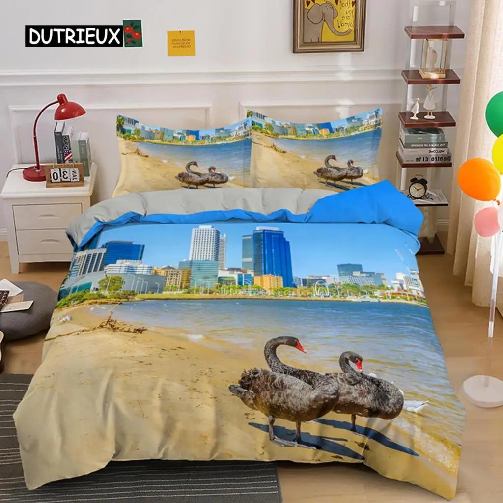 Swan Duvet Cover King Queen Beautiful Elegant White Animal Bedding Set Kid Teens Adults Wildlife Lake Soft Polyester Quilt Cover