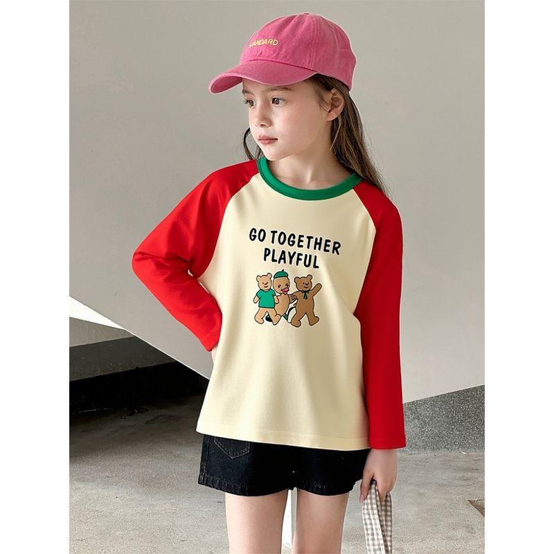 Brand Export Children's Clothing Autumn 2025 New Style Bear Casual Pure Cotton Base Shirt Girls Long-Sleeve T-Shirt Cartoon Print