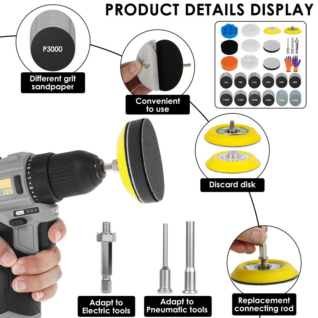 Sandpaper Polishing Set 3 Inch Wet Dry Hook and Loop Sandpaper Pad Assorted 60-10000 Grit Fine Polishing Waxing for Car Metal