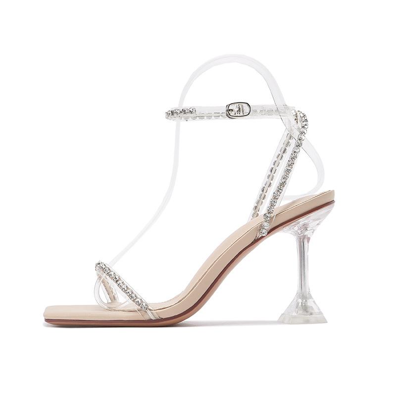 L-93 2025 Летний Сказочный Квадратный Носок Серебристые Стразы Тонкий Ремень Бриллиантовый Универсальный Французский Ремень-Слово Босоножки на Высоком Каблуке Женские