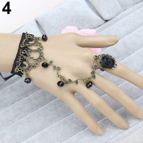 Retro Gothic Women Lace Flower Hand Slave Harness Bracelet Chain Ring Jewelry
