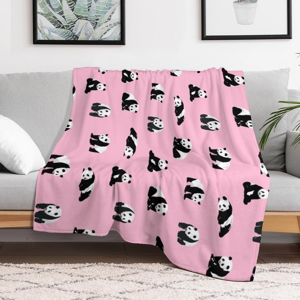 Pandas on Pink Throw Blanket Compact Warm Blanket for Car Road Trip